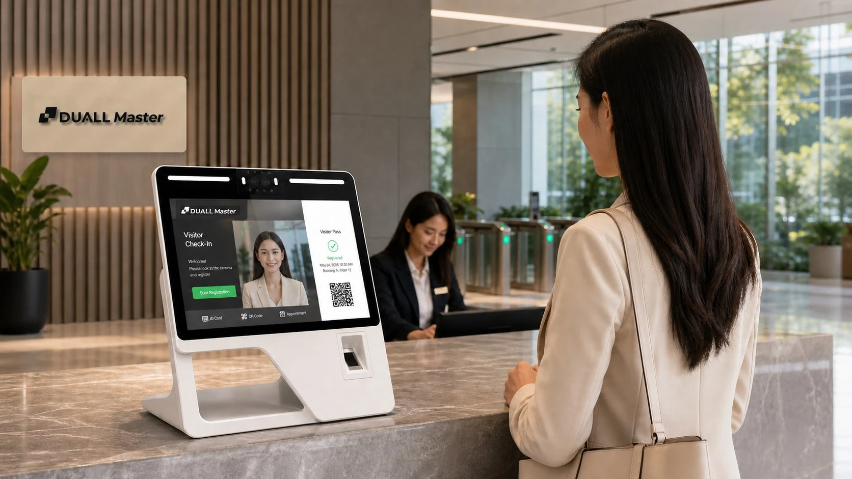 Visitor self-registering on the Duali BD8500 station running the Duall Master visitor check-in screen at a reception desk