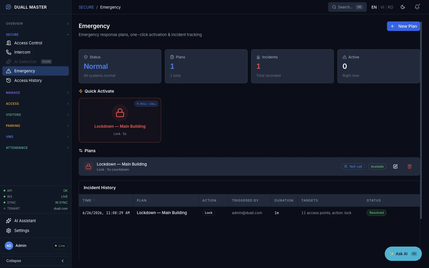 Incident history — the lockdown drill logged and resolved, with targets, action, and duration.