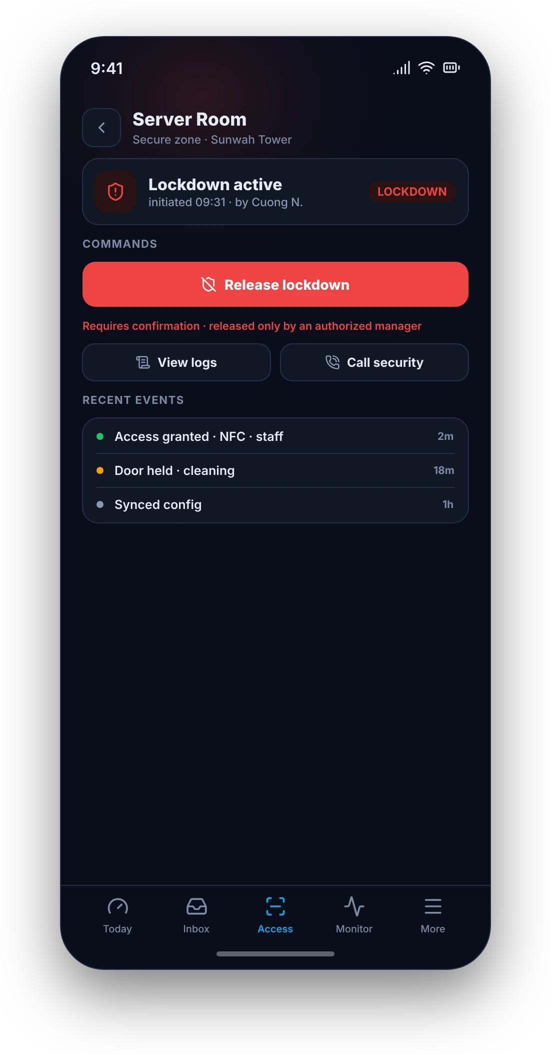 Lock down a zone from the phone — released only by an authorized manager.
